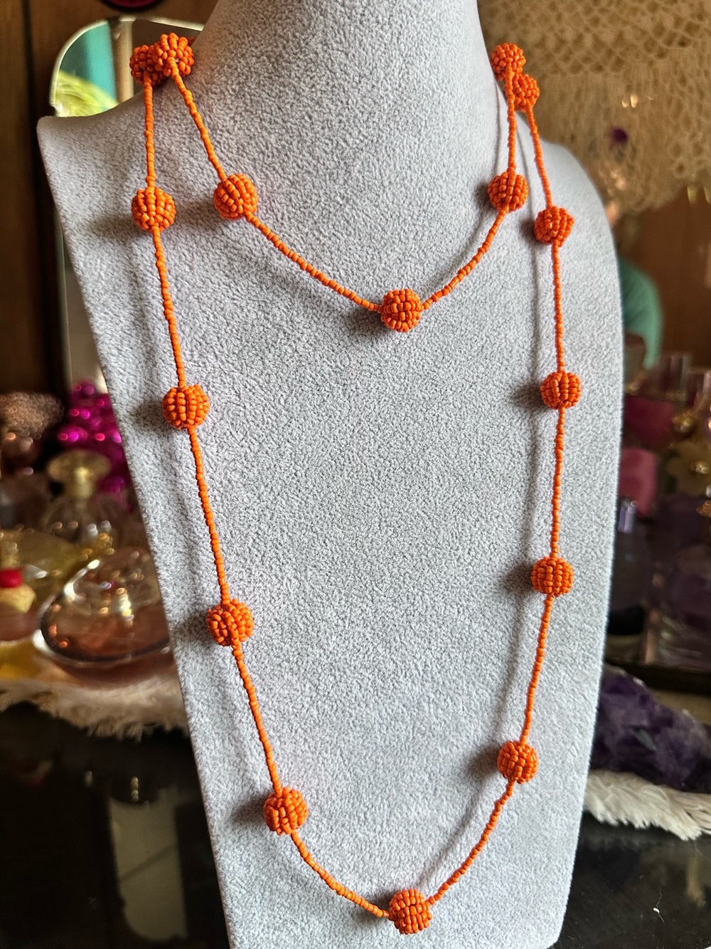 Vintage Handmade Long Orange Beaded Necklace